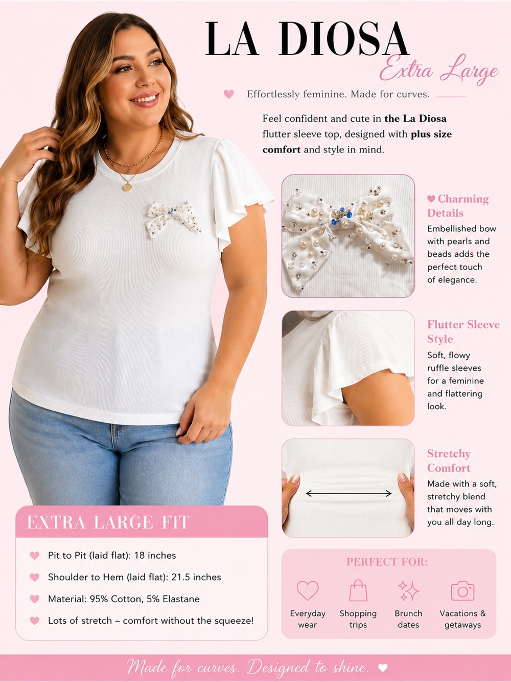 White Flutter Sleeve Embellished Bow Top - Plus Size